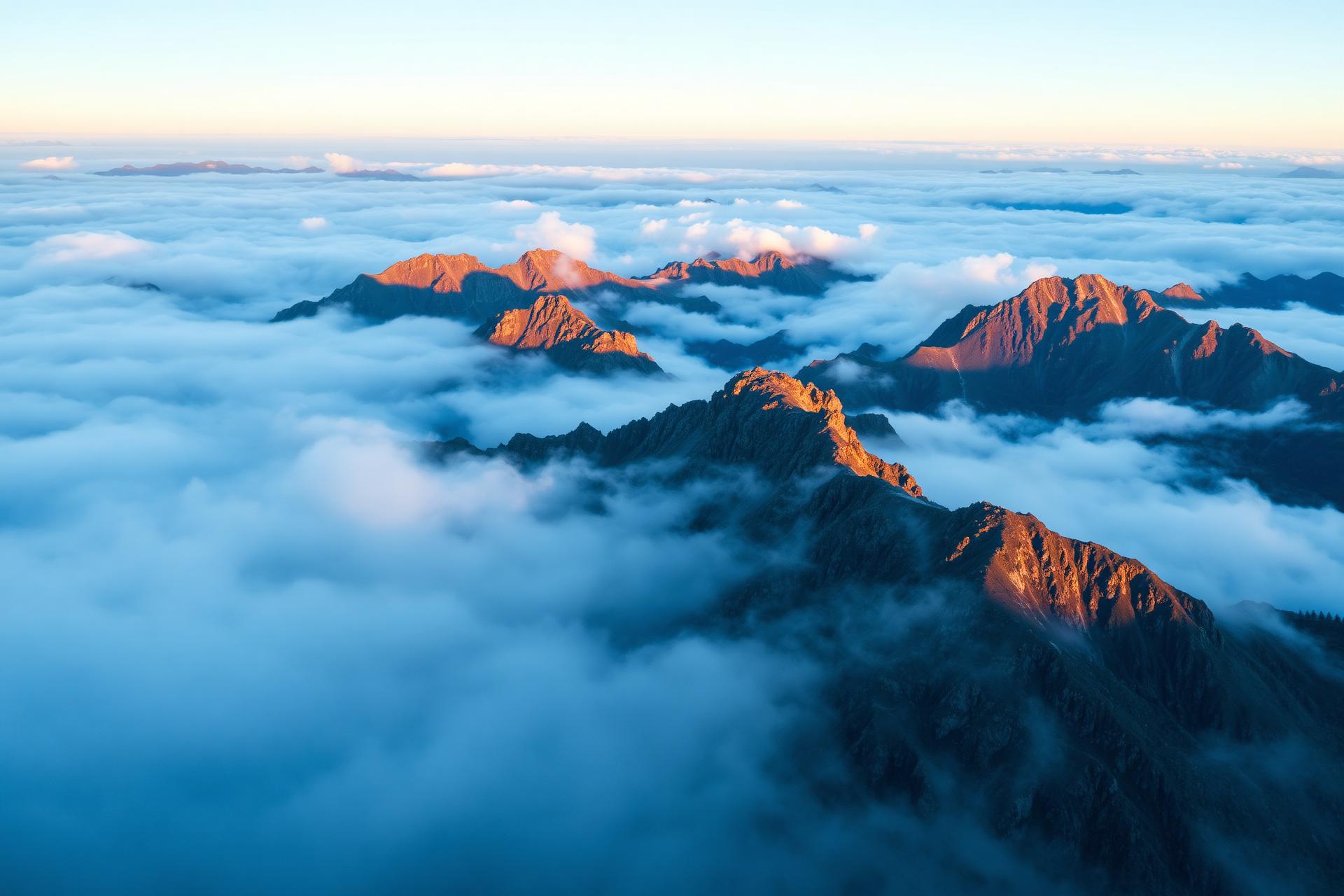 Mountain peaks rising above the clouds at sunrise